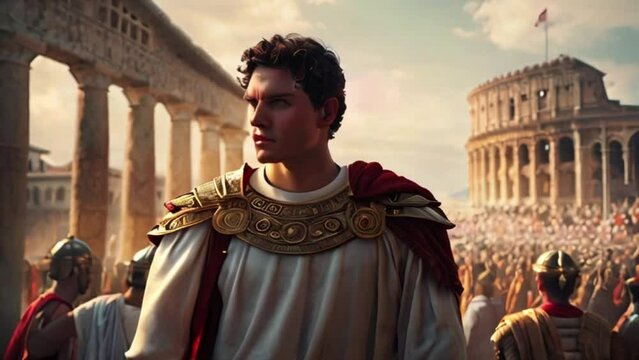 Portrait of young Roman emperor in front of large crowd, generative AI