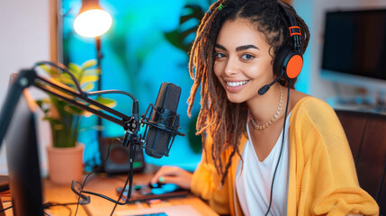 Vibrant young podcaster with a bright smile engages her audience from a lively studio, complete with a professional mic and headphones.
 - obrazy, fototapety, plakaty