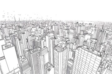 A minimalist black and white line art illustration of a sprawling cityscape viewed from above, perfect for architectural publications or urban planning presentations.