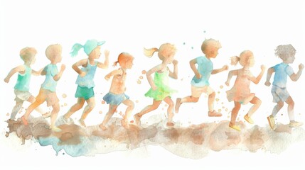 A group of children are running in a race. The children are of different ages and sizes. The children are running in a line, with some of them running faster than others. Watercolor painting style.