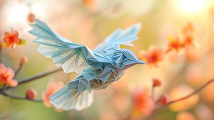 Stylized illustration of an origami paper bird rendered in a watercolor style with translucent