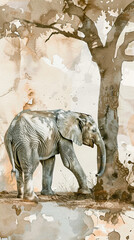 Baby elephant under a tree, watercolor texture, side view, gentle earth tones