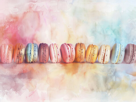 French macarons in a row, watercolor filter, slightly overhead angle, pastel palette