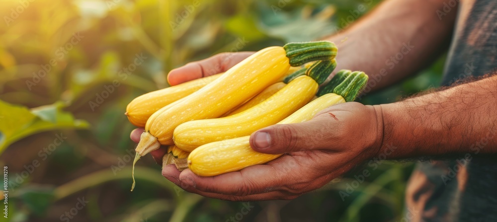 Poster yellow squash selection on blurred background with copy space for text placement