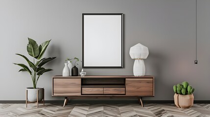 living room interior with wooden sideboard and mock up frame 3D rendering, Bright cozy living room interior with large window, white empty poster on the wall, sideboard and chair ai generated 