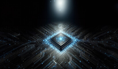 3D artificial intelligence chip designed like a miniature city at night with a faint galaxy or planet in the sky to enhance the space feel