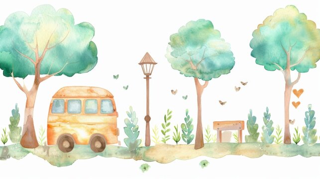 A watercolor painting of a park with a yellow bus, a bench, and a lamp post.