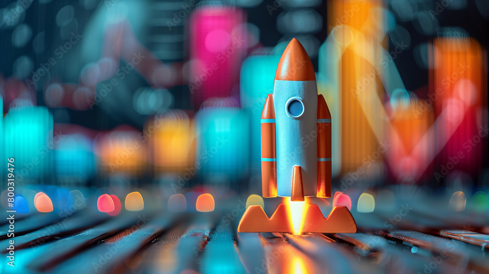 Poster toy rocket on a reflective surface against a backdrop of colorful bokeh, metaphor for startup growth