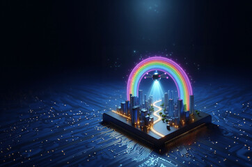 3D artificial intelligence chip designed like a miniature city at night with a small spaceship or flying vehicle emitting rainbow-colored light beams forming an arc in the sky