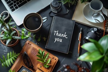 thank you message with black leaves on a dark background