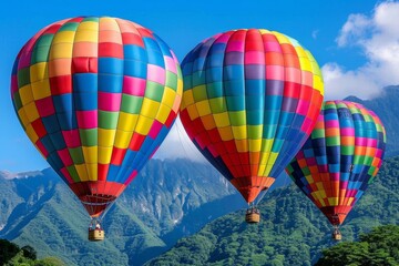 Vivid and colorful hot air balloons gracefully drifting above stunning mountain landscape