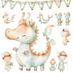 Obraz premium A colorful illustration of a dragon and several other animals, including a monkey and a girl in a dress. Watercolor painting style.