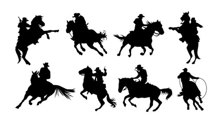 Cowboy riding horse black silhouettes set. Cowboy galloping with lasso, shooting from gun - Western traditional elements collection. Monochrome vector illustrations isolated on transparent background.