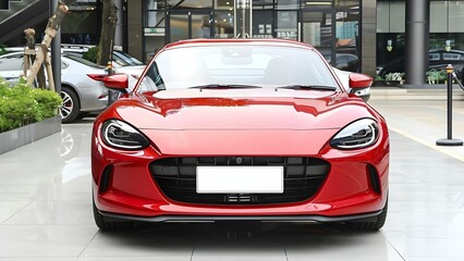 Fototapeta premium Image of red car parked in lot vibrant and eyecatching . Concept Automobile Photography, Vibrant Colors, Eye-catching Compositions