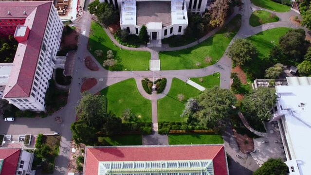 Aerial View of Berkeley University of California Campus Buildings and Halls, Revealing Drone Shot