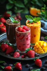 delicious fresh smoothie with berries and fruits in bowls