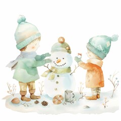 Two children are building a snowman. One of the children is holding a cup. The snowman is wearing a green scarf. Watercolor painting style.