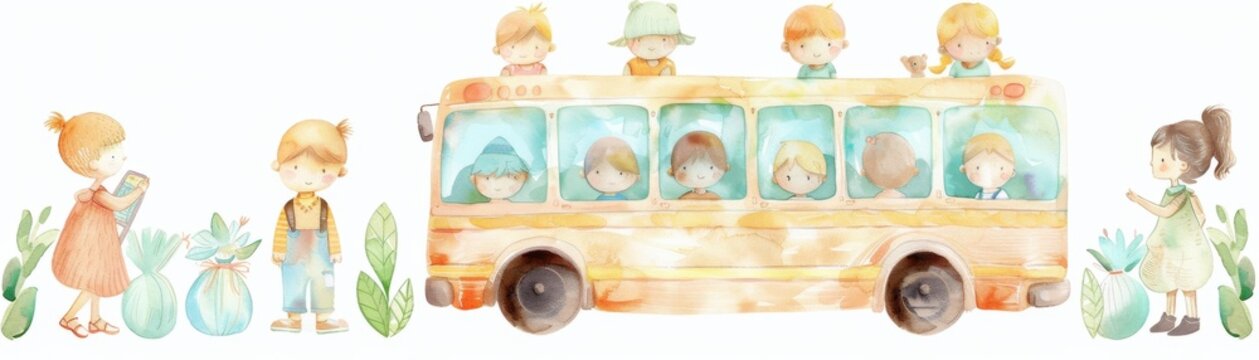 A group of children are riding a yellow school bus. The bus is full of children. The scene is lively and playful, with the children enjoying their ride. Watercolor painting style.
