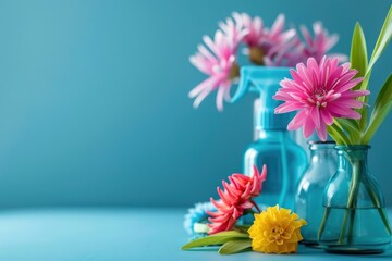 A vibrant image featuring bright pink flowers in various blue tinted glass vases against a solid blue backdrop - Powered by Adobe