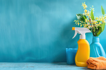 A neatly organized still life of yellow cleaning spray bottle with vibrant blue cleaning cloths and yellow flowers - Powered by Adobe