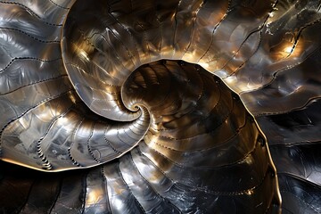 A monumental metallic fractal sculpture, its form reminiscent of a nautilus shell, spiraling upwards towards a celestial expanse.