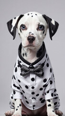 Unique canine couture, Glamorous Dalmatian puppy donning stylish outfits in a creative advertisement.