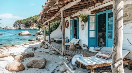 Cute beach house with rustic wooden roof, blue windows, wooden porch, white walls with white rough rocks, sand and rocks on the shore, white sun loungers with pillows