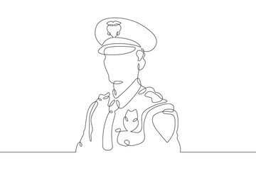 Police officer in uniform. Policemen on duty. Law enforcement.One continuous line . Line art. Minimal single line.White background. One line drawing. 
