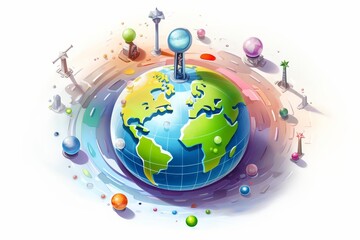 A beautiful illustration of a globe with colorful landmarks and a road around it