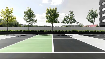 Naklejka premium Empty parking lot with green markings in convenient city location . Concept City Parking, Urban Location, Green Markings, Convenient, Empty Lot