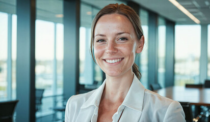 Portrait of a Caucasian businesswoman standing in an office, AI-generated.