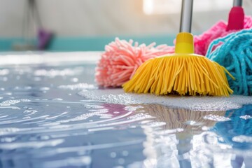 Vibrant cleaning mops placed on a wet floor, showcasing household cleaning and maintenance tasks
