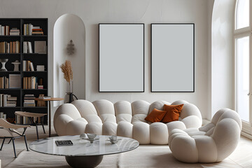 Contemporary apartement livingroom in the afternoon with furniture,modern white sofa ,green plants,white walls,with interior mockup with two white photo frame in the background