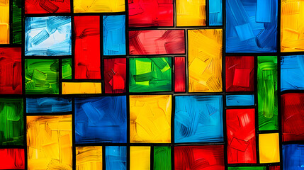 High-definition image of a colorful abstract pattern with bold squares and rectangles in primary colors, interwoven like pieces of a jigsaw puzzle, using advanced photographic techniques.
