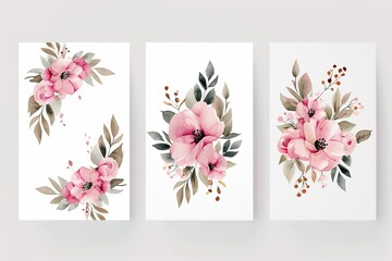 Pre made templates collection, frame - cards with pink flower bouquets, leaf branches