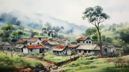 Watercolor painting of a quiet rural village far away from the big city.