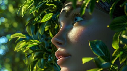 3D AI woman blending with nature, graphic background, serene expression, wide angle, vivid detail3D render