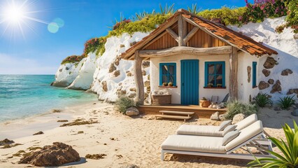 Cute beach house with rustic wooden roof, blue windows, wooden porch, white walls with white rough rocks, sand and rocks on the shore, white sun loungers with pillows