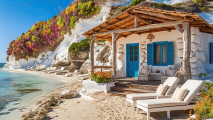 Cute beach house with rustic wooden roof, blue windows, wooden porch, white walls with white rough...