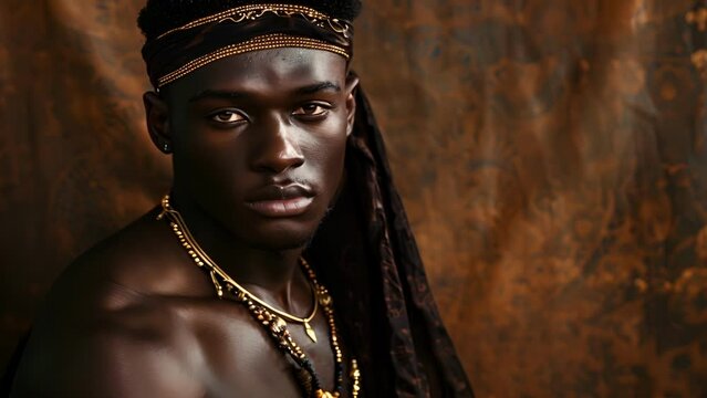 A distinguished black man is captured in a commanding pose dd in rich fabrics and adorned with symbolic jewelry. His piercing gaze exudes confidence and power reflecting the divinity .