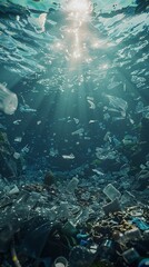 3D underwater scene of a polluted ocean, plastic waste floating, dim.