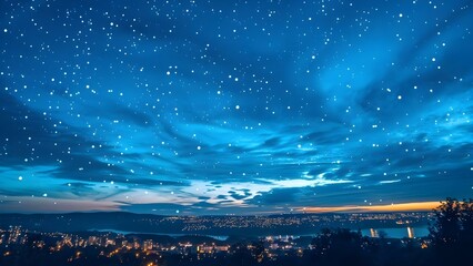 Naklejka premium Starry night sky with clouds and city lights illuminating the darkness . Concept Night Photography, Cityscape, Cloudy Sky, Urban Lights, Starry Night