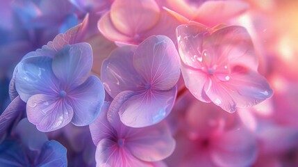 Radiant Holographic Bloom: Wildflower mophead hydrangea emits a radiant glow from its holographic petals.