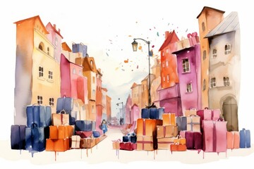 A beautiful watercolor painting of a street scene in a European city