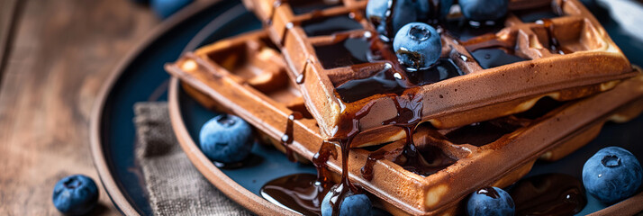 Mouthwatering close-up of freshly baked waffles adorned with juicy blueberries and dripping with maple syrup