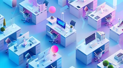 Obraz premium Bustling Modern Business Office with Sleek Desks and High-Tech Gadgets under Bright Lighting