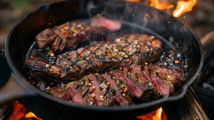 Medium rare steaks are sizzling in an iron cast pan over an open fire