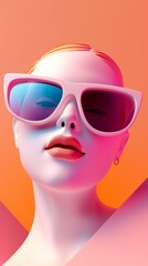 Surreal portrait of a woman with oversized sunglasses. 3D illustration with vibrant orange and pink hues