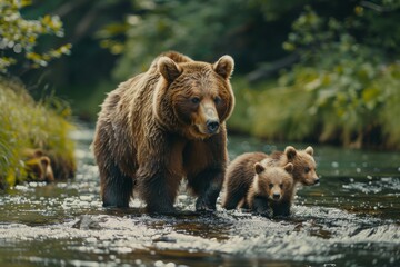 A mother bear teaching her cubs to fish in a mountain stream, capturing a moment of learning and survival,
