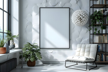 Scandinavian apartement office space in the afternoon with furniture,modern sofa white ,green plants,white walls,with interior mockup with one white photo frame in the background